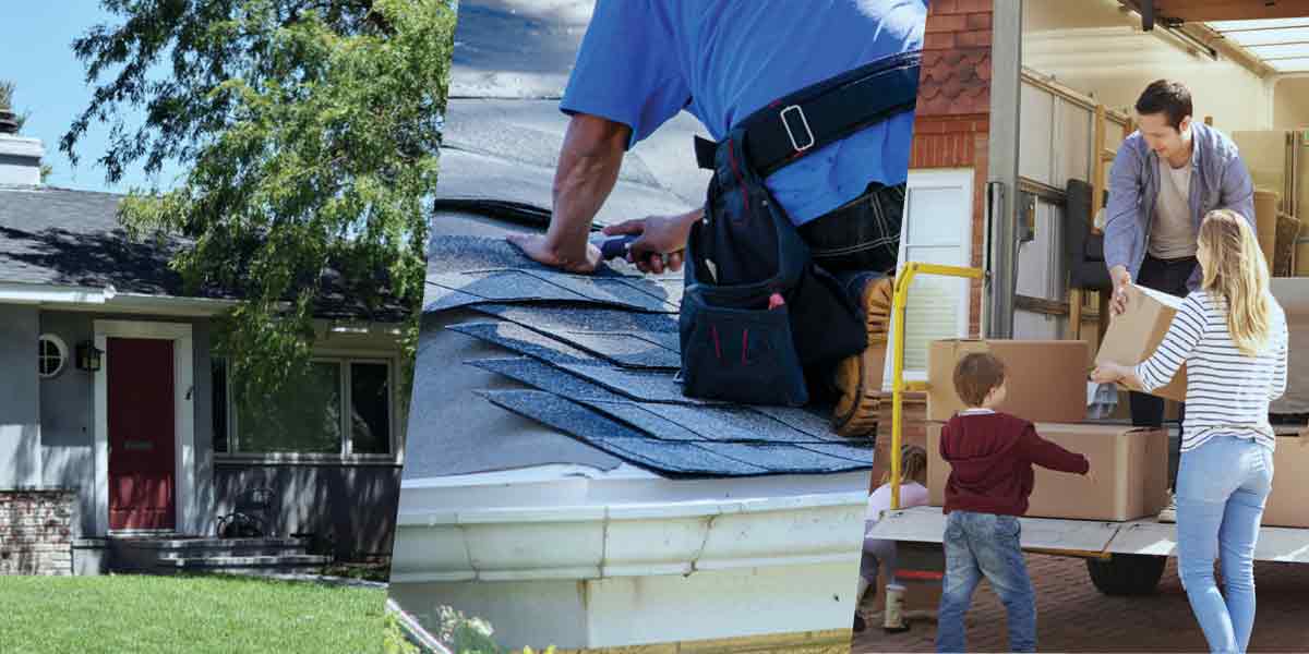 Three images, L to R: shaded roof, contractor replacing a roof, family packing a moving truck.